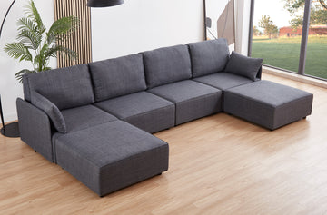 SOFA MODULAR CON BRAZOS MOU 4 PLAZAS + 2 CHAISELONGUE TEJIDO GRIS 366 x 183 X 93 CM 
ADC | MUEBLECENTER